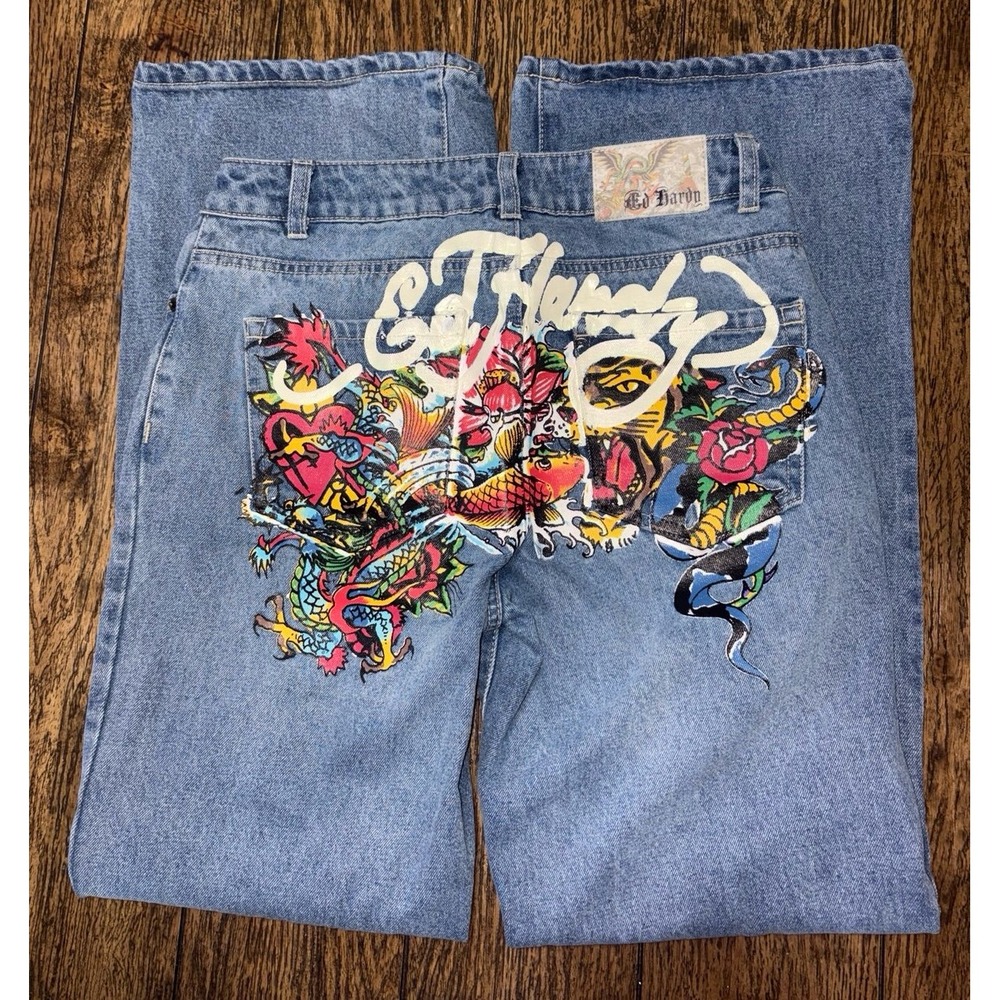 Ed Hardy Women's Tattoo Graphic Bootcut Jeans Size 28 Y2K Embroidered Denim